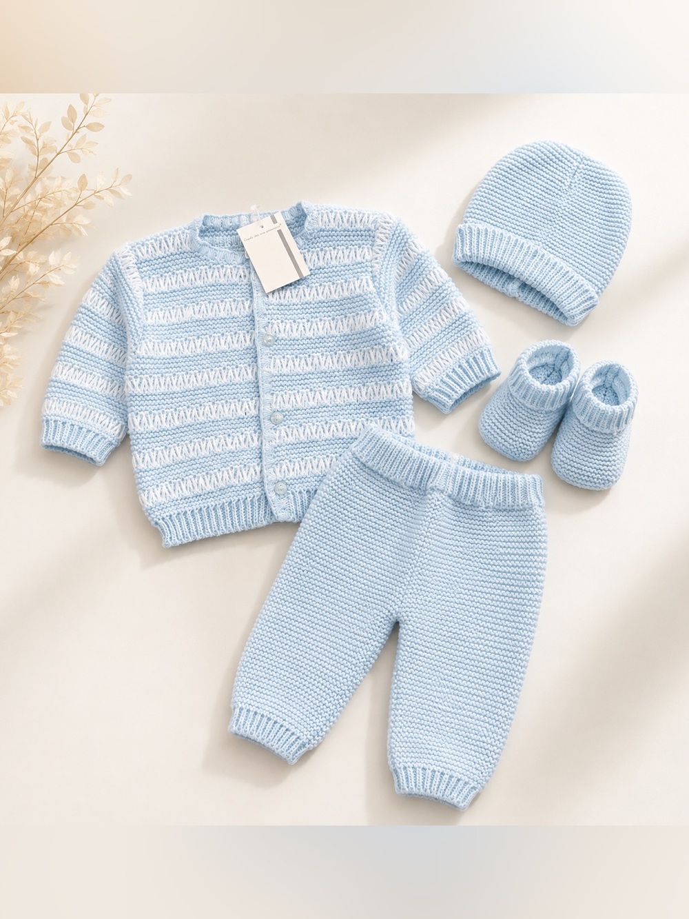 Baby Blue Knit Four-Piece One-Piece Set - Soft Pullover, Pants, Hat & Booties